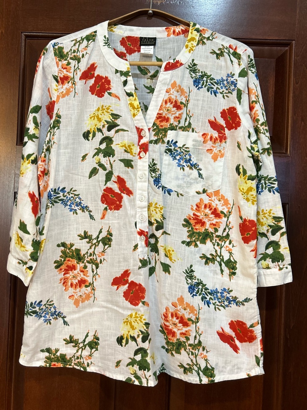 Salon Studio Floral Cotton Tunic Blouse Small 3/4 Sleeve Cottagecore